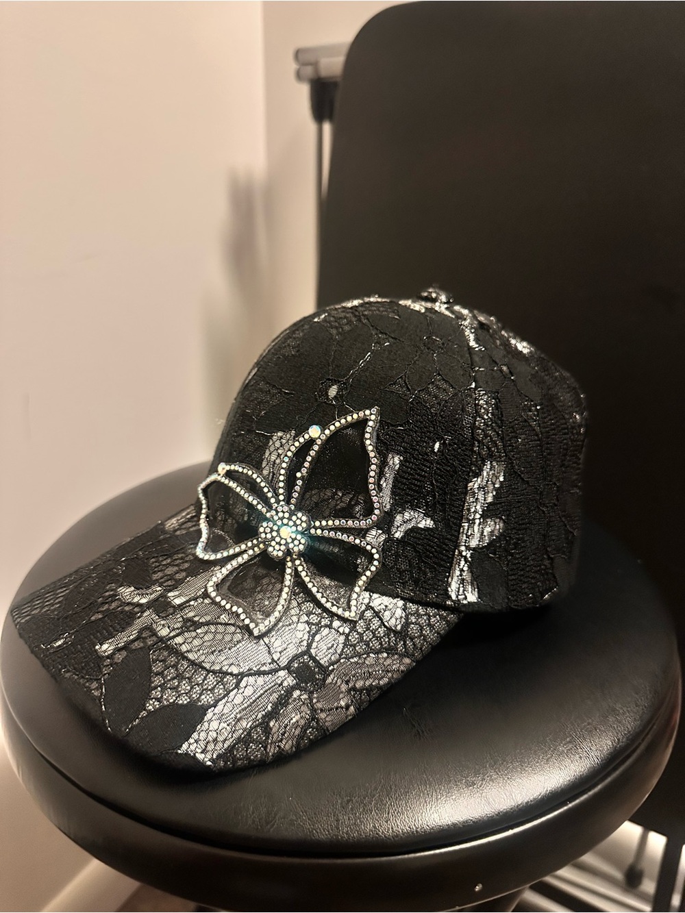 Embellished Black Lace Baseball Cap with Rhinestone Flower